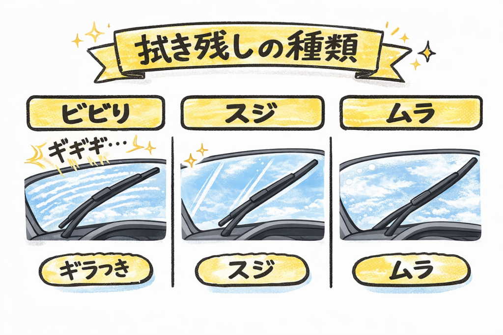 ワイパーの拭き残しの種類（ビビり・スジ・ムラ）の違いを示した図解